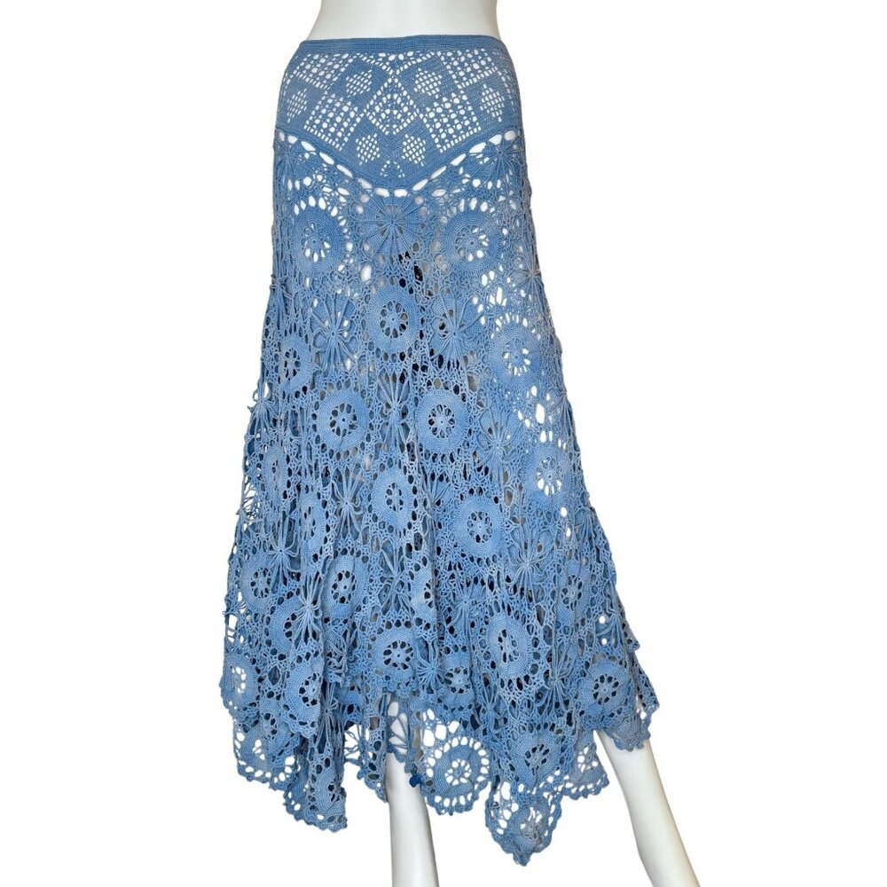 Ralph Lauren Vintage Size L Blue crochet Lace Bohemian Skirt Hand Knit Cotton